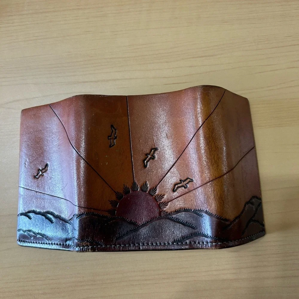 Handcrafted Leather Weather Wallet with Sun and Birds Design
